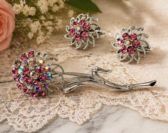 Vintage 70's Floral Rhinestone Clip-On Earrings & Brooch Set - Elegant Retro Jewelry