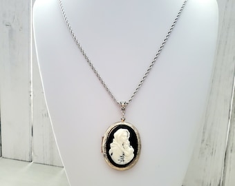 Cameo Necklace, Long Pendant Necklace, Cameo Locket, Rope Chain, Mother and Child Pendant, Religious Jewelry, Vintage Style, Gift For Her