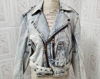 Denim Jacket, Moto Jacket, Acid Wash Denim, Vintage Clothing, 80's Jean Jacket, Bohemian Clothing, Woman's Large, NWOT