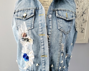 Vintage Jean Vest, Pearl Studded Jacket, Lace Detail Jacket, Sequin Vest, Beaded Jacket, Distressed Denim, 90's Fashion, Bohemian Clothing