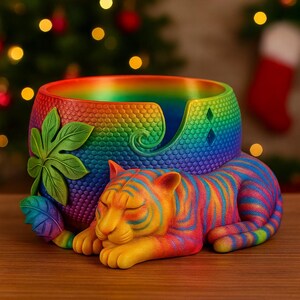 May include: A colorful, decorative planter with a sleeping tiger figurine. The planter is a rainbow of colors, with a leaf design on the side. The tiger is orange, yellow, and blue with stripes. The planter is resting on a wooden surface.