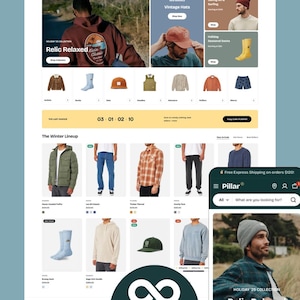 May include: A website interface for a Shopify clothing theme, displaying a range of apparel. Items include jackets, hats, socks, and shirts in a palette of earthy tones and blues. Text includes "Relic Relaxed" and "Shopify Clothing Theme."