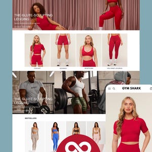 Op de afbeelding: Een website-indeling voor Gym Shark met rode sportkleding. De pagina toont leggings, sport-bh's en shorts. Modellen dragen de kleding. De tekst promoot 'The Glute-Sculpting Legging'. Er worden ook andere artikelen getoond.