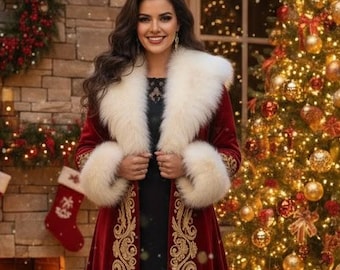 Elegant Long Christmas Coat - Vintage Style Red Velvet with Cream Faux Fur