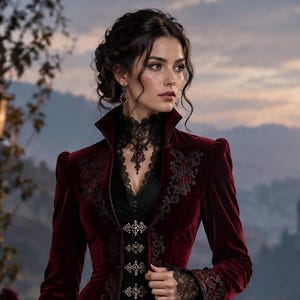 May include: A floor-length deep red velvet coat with a high collar, intricate black embroidery along the front edges, and flared lace cuffs. The coat is worn over a black vest, black trousers, and black lace-up boots with a platform sole.
