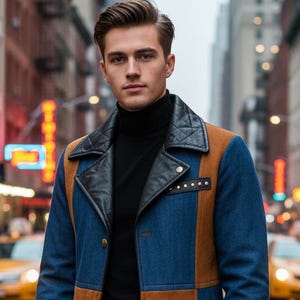 Può includere: Un cappotto elegante con pannelli in denim blu e camoscio marrone. Il cappotto presenta un colletto e una cintura in pelle nera, indossato con guanti e pantaloni neri. Lo sfondo mostra una strada cittadina con taxi gialli.