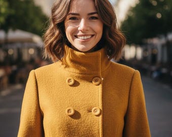 May include: A woman wearing a mustard-yellow double-breasted coat with a high collar, smiling in an outdoor setting. The coat has large, round buttons and a tailored fit. The background shows a European street scene.