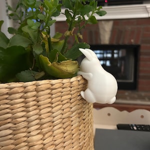 May include: A white, 3D-printed bunny figurine perched on the edge of a woven basket. The basket contains a green plant with broad leaves. The bunny is facing away, with its ears and back visible. The basket is made of natural-colored woven material.
