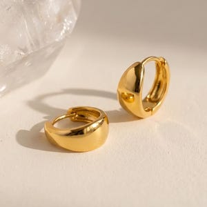 May include: A pair of small, polished gold hoop earrings with a thick, rounded profile. The earrings feature a smooth, reflective surface and a hinged closure mechanism, presented alongside a large, translucent, multifaceted clear crystal.