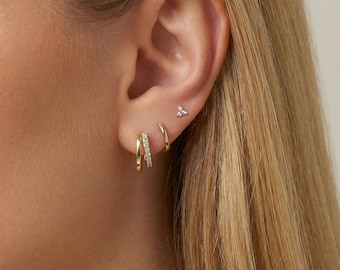 18K Gold Filled CZ Earring Set, Dainty Stud and Huggie Hoop Earrings, Minimalist Gold Ear Stack Jewelry, Gift for Her