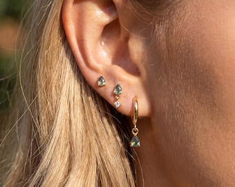 18K Gold Filled Natural Moss Agate Earring Set,CZ Stud and Huggie Hoop Earrings,Dainty Gold Ear Stack Jewelry