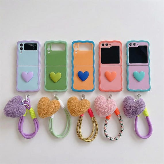 Cute Heart Flip Phone Case with Strap, Soft Case for Samsung Galaxy Z Flip 6 5 4