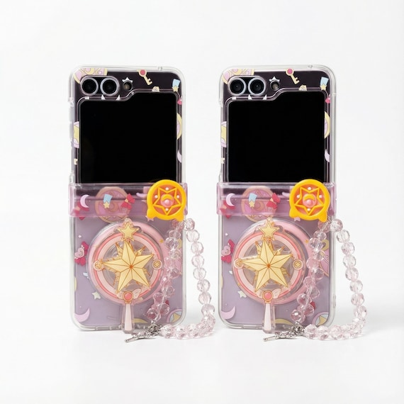 Cute Magical Flip Phone Case with Chain, Kawaii Star Card Holder Clear Cover for Galaxy Z Flip 7 6 5 4 3