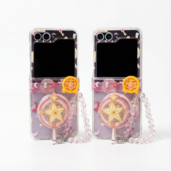Leuke magische flip-telefoonhoes met ketting, kawaii ster kaarthouder doorzichtige hoes voor Galaxy Z Flip 7 6 5 4 3