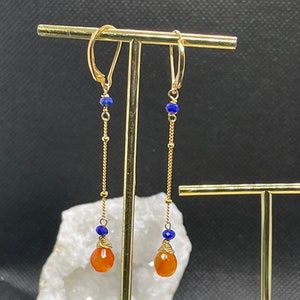 Long teardrop carnelian earrings, natural faceted carnelian drop earrings with lapis lazuli tiny stones, orange and blue long earrings
