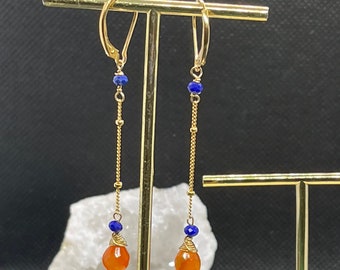 Long teardrop carnelian earrings, natural faceted carnelian drop earrings with lapis lazuli tiny stones, orange and blue long earrings