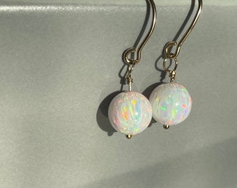 Simple 8mm Opal drop earrings in 14k gold filled earrings. October birthstone drop earrings, Pearl white lab Opal drop earrings