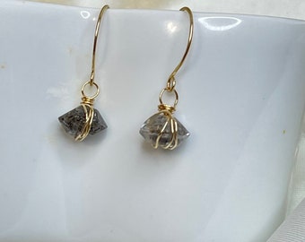 Raw Herkimer Diamond earrings, diamond earrings, 14karat gold filled earrings, wire wrapped Herkimer diamond earrings