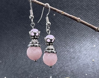 Girly Pink Rose quartz earrings antique silver earrings boho earrings pink gemstone dangle earrings jewelry pink earrings