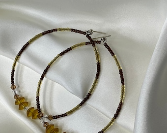 Bold seed bead earrings, amber hoop earrings, hoop ladies earrings, amber seed bead earrings, big beaded hoop earrings