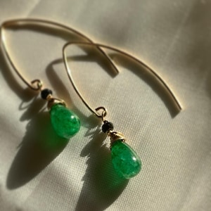 Natural Zambian Emerald earrings, Emerald green teardrop earrings wire wrapped with 14k gold filled. Emerald May birthstone drop earrings