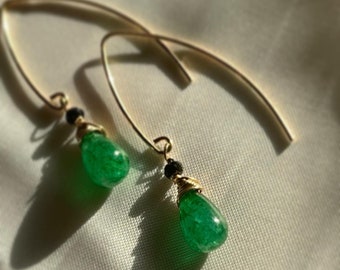 Natural Zambian Emerald earrings, Emerald green teardrop earrings wire wrapped with 14k gold filled. Emerald May birthstone drop earrings