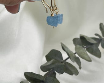 Raw Aquamarine Stone Earrings, Wire wrapped Gold Filled Dangly Earrings, Gemstone in Gold Dangle Earrings, Gift for Her, Sky Blue Earrings