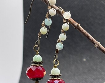 Brass earrings red glass earrings wire wrapped red and green earrings red and jasper earrings