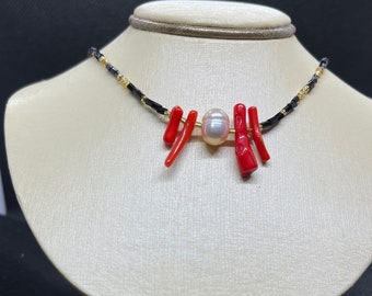 Red coral pearl seed bead necklace, beaded choker, pear seed bead necklace, multi bead necklace boho beaded necklace