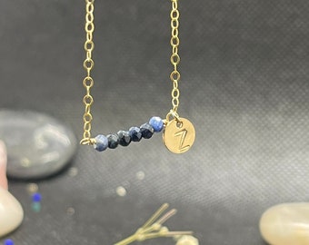 Sapphire bar initial disc necklace, Custom made necklace, September birthstone gifts, Personalized jewelry, Stackable dainty necklace