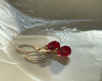 Genuine ruby drop earrings, natural ruby stone dangle earrings, red teardrop earrings in 14k gold fill earrings, July birthstone earrings