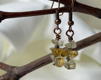 Citrine earrings. Yellow stone chips in copper Boho earrings. Raw gemstone handmade wire wrapped dangle