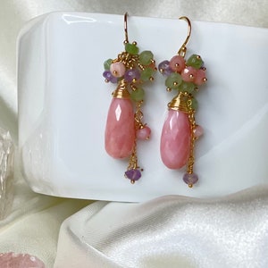 Natural teardrop pink opal cluster earrings, Gold filled, pink teardrop dangle, October birth stone, gemstone cluster earrings