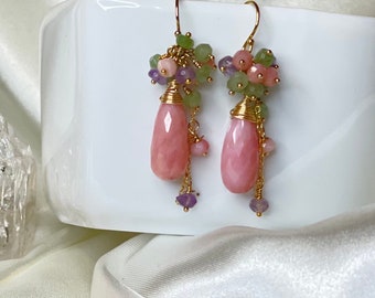 Natural teardrop pink opal cluster earrings, Gold filled, pink teardrop dangle, October birth stone, gemstone cluster earrings