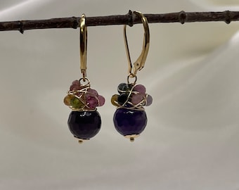 Wire wrapped multi color tourmalines amethyst cluster earrings. Purple gemstone cluster. Amethyst cluster earrings gold. Dark purple cluster