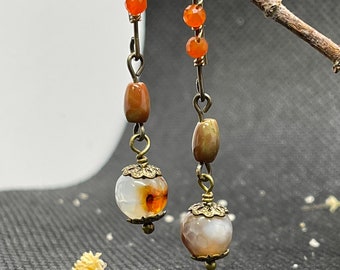 Agate and carnelian earrings brass earrings vintage style earrings rustic earrings earth tone earrings orange and brown gemstone earrings