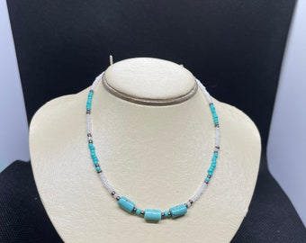 Simple Turquoise seed bead necklace blue and white beaded necklace, seed bead necklace with turquoise, summer necklace, beach necklace