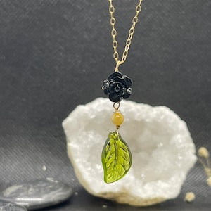 Black Rose Necklace, Green Leaf Pendant, wire wrapped stones necklace, minimalist