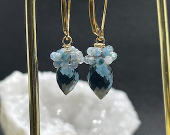 Cluster London blue topaz earrings. December birthstone gold wire wrapped earrings, tiny kyanite stones  dew drop blue topaz  earrings.