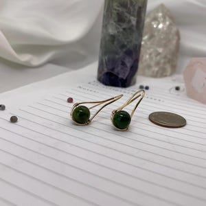 May include: A pair of gold-colored earrings with a teardrop design. Each earring features a dark green, spherical stone. The earrings are displayed on a lined paper surface, with a coin and decorative crystals in the background.