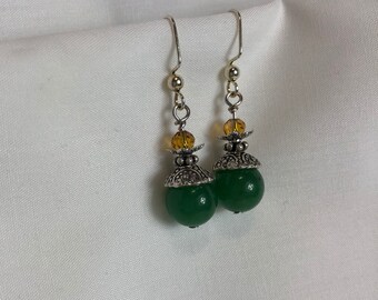 Green aventurine antique silver dangle earrings, gift for her gift for women, green stone earrings