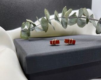 Red Rectangular Jasper Studs, Bar earrings,Gold Studs Earrings, Gift Jewelry, Red earrings, Jasper studs