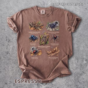 May include: An espresso-colored t-shirt featuring a graphic print of six different spider species, including the Brazilian Wandering Spider, Sydney Funnel-Web Spider, Mouse Spider, Indian Ornamental Tarantula, Black Widow, and Brown Recluse.