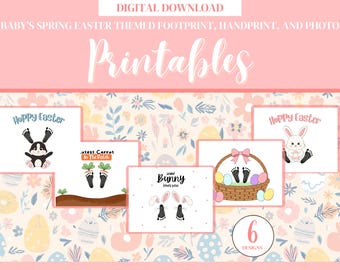 May include: A digital download featuring six Easter-themed printables. The designs include bunny and carrot footprints, and Easter basket illustrations. Text includes "Happy Easter", "Cutest Carrot in the Patch", and "Some Bunny loves you".