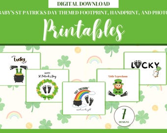 May include: Digital download featuring seven St. Patrick's Day themed printables for baby footprints, handprints, and photos. Designs include footprints, rainbows, leprechauns, and the text "Lucky" and "Tiny Treasure". The background has shamrocks and rainbows.