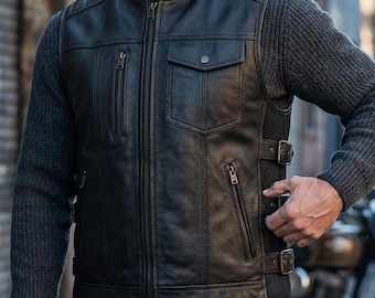 Chaleco táctico de cuero negro para hombre, estilo motero, con correas laterales ajustables, elegante chaleco para club de moteros, ropa urbana de motociclista de corte ajustado con cremallera.