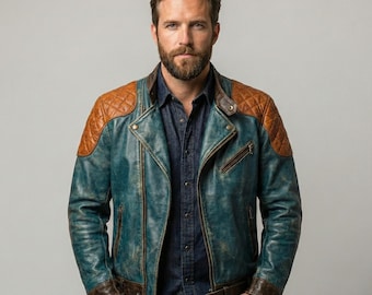 Men Distressed Teal Leather Jacket Cafe Racer Vintage Biker Moto Coat Quilted Rust Shoulder Retro Motorcycle Riding Outerwear Gift For Him