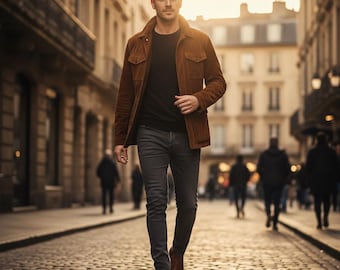 Chaqueta safari de ante marrón para hombre, abrigo de campo de cuero genuino, chaqueta utilitaria de cuatro bolsillos, estilo vintage con botones, prenda exterior ligera ideal para regalo.