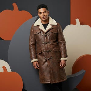 Men's Brown Leather Shearling Trench Coat: Vintage Faux Fur Lined Duffle Jacket with Toggle Buttons, Winter Overcoat for Outdoor Adventure