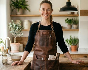 Delantal de cuero personalizado para mujer, babero de chef con nombre grabado y bolsillos, regalo profesional para baristas y parrilleros, ropa de trabajo Smith duradera.
